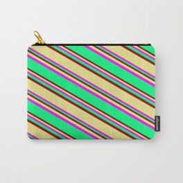 [ Thumbnail: Fuchsia, Green, Dark Red & Tan Colored Lines Pattern Carry-All Pouch ]