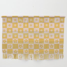 Abstract Floral Checker Pattern 6 in Mustard Yellow Pink Wall Hanging