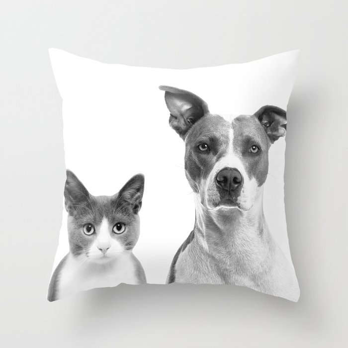 Cute Kitty Cat And Puppy Portrait Art Print, Cat And Dog Animal Nursery, Baby Animals Wall Art Decor Throw Pillow