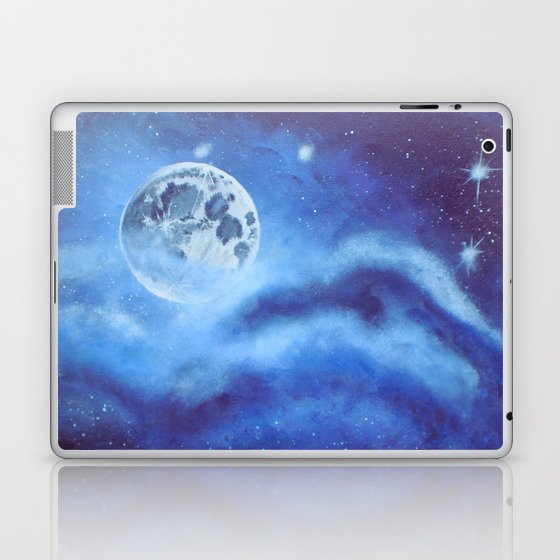 Blue Full Moon and Clouds - Original Abstract Painting Laptop & iPad Skin