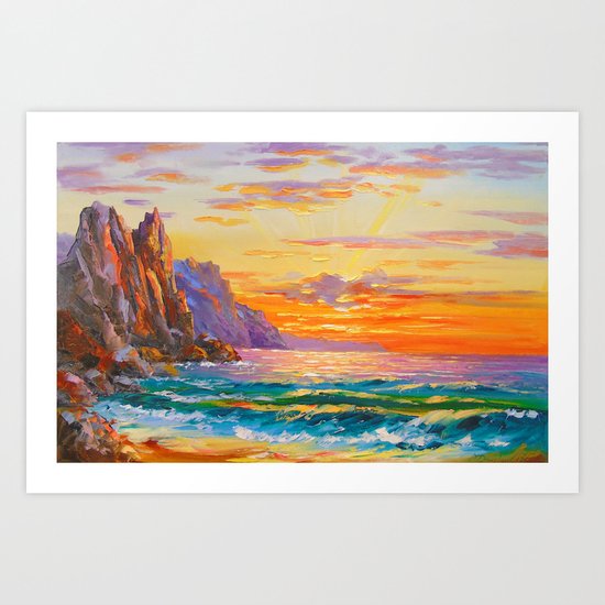 Sunset on the rocky shore Art Print