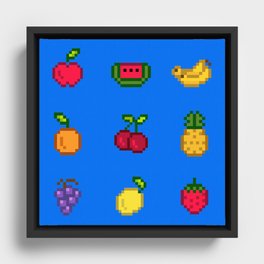 Pixel Fruit Blue Framed Canvas
