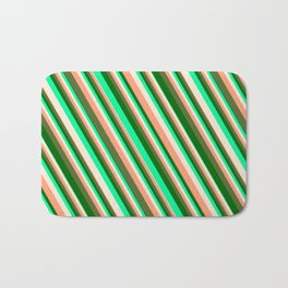[ Thumbnail: Vibrant Green, Beige, Light Salmon, Dark Olive Green & Dark Green Colored Striped/Lined Pattern Bath Mat ]