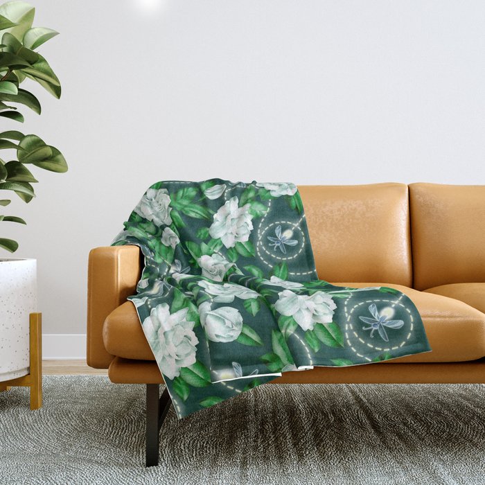 Midnight Sparkles - Gardenias and Fireflies in Emerald Green Throw Blanket