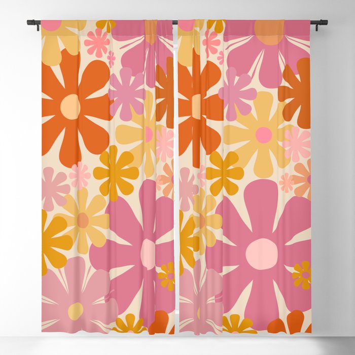 Retro 60s 70s Flowers Thulian Pink Orange Cream Pattern Blackout Curtain