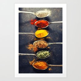 Colorful spices in metal spoons Art Print