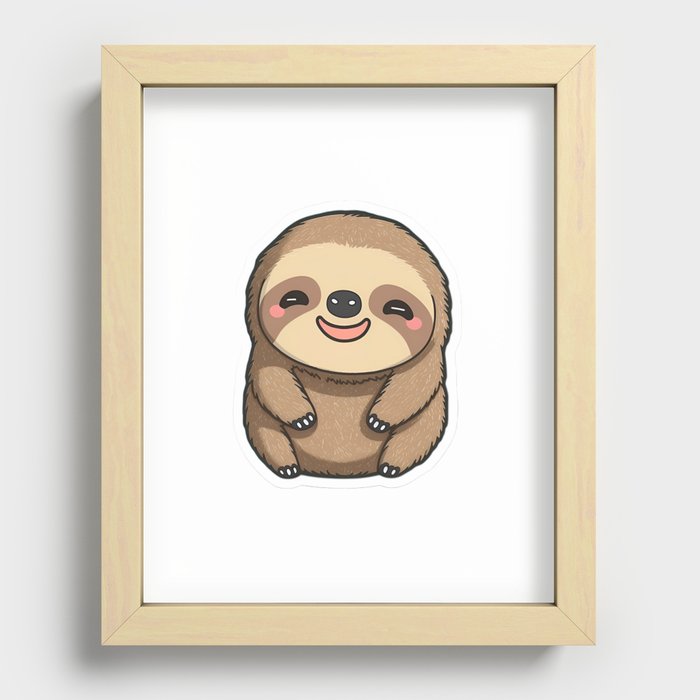 Kawaii Cute Smiling Sloth Recessed Framed Print