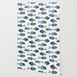 Marine riso fish linen pattern. Modern washed out coastal cottage sea life rustic beach style design Wallpaper