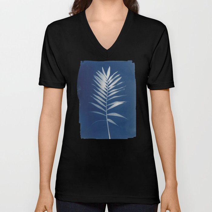Jackie Partridge Art - Palm Leaf- Cyanotype V Neck T Shirt