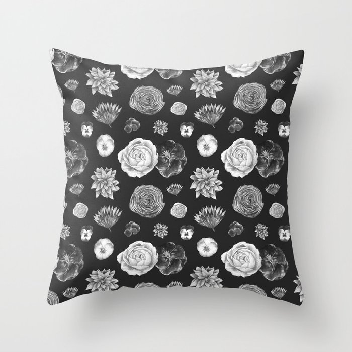 Modern black white botanical bohemian flowers Throw Pillow by Pink