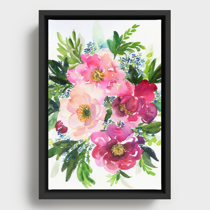5 pink peonies in watercolor Framed Canvas