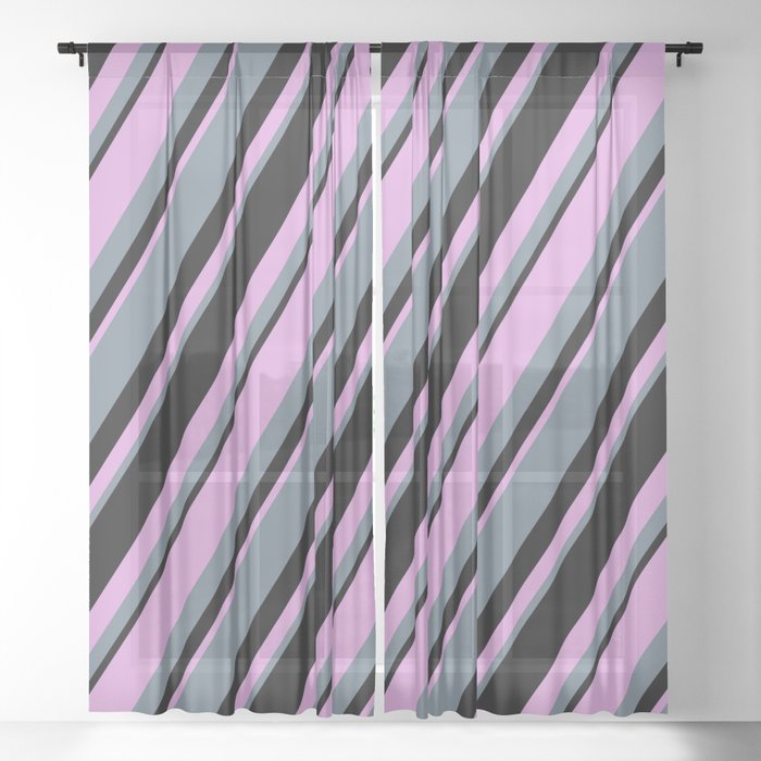 Plum, Slate Gray, and Black Colored Lines Pattern Sheer Curtain