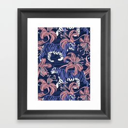 Tigers in a tiger lily garden // textured navy blue background very peri wild animals carissma pink flowers Framed Art Print