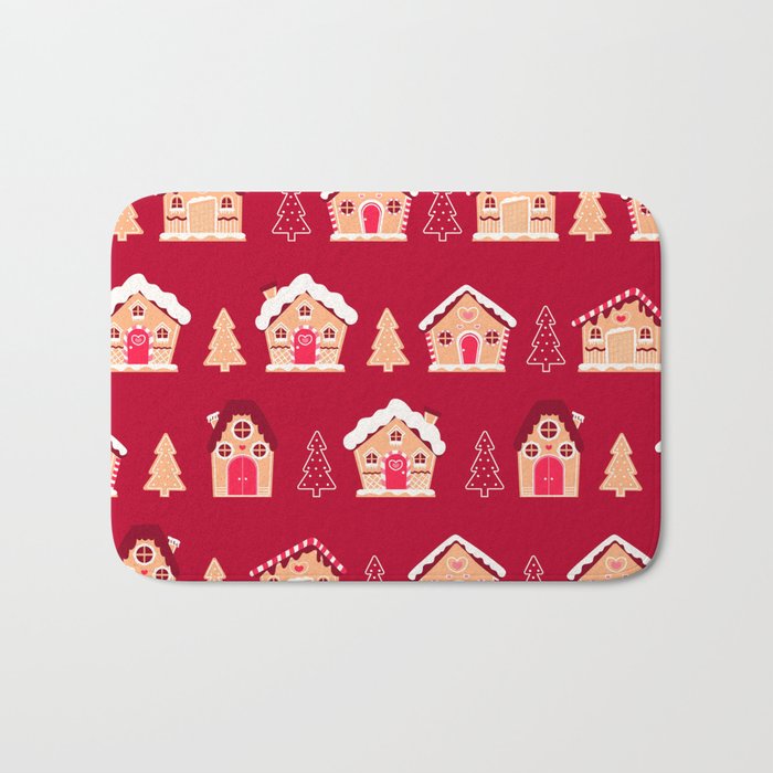 Colourful Gingerbread Houses and Christmas Tree Seamless Pattern Bath Mat