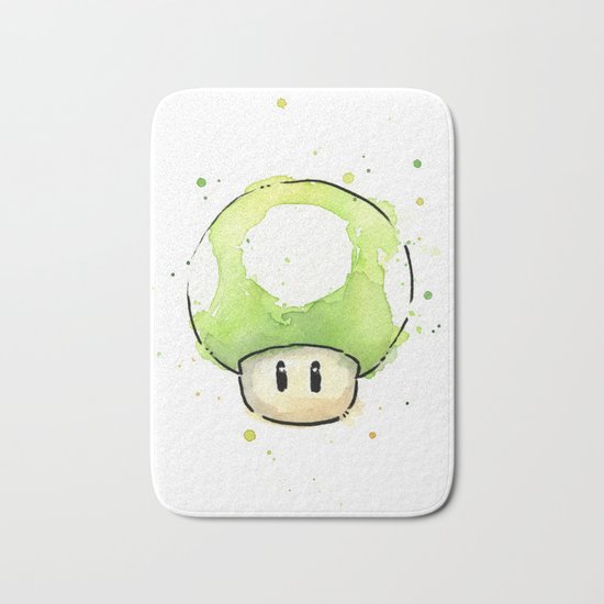 1UP Green Mushroom Painting Mario Gaming Geek Videogame Art Bath Mat