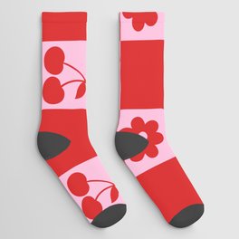 Cherry Flowers Pink & Red Checker Socks
