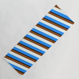 [ Thumbnail: Brown, Mint Cream, Blue, and Black Colored Pattern of Stripes Yoga Mat ]