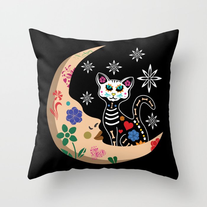 Muertos Day Of Dead Sugar Skull Cat Moon Halloween Throw Pillow