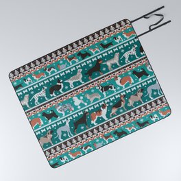 Fluffy and bright fair isle knitting doggie friends // pine and java green background brown orange white and grey dog breeds  Picnic Blanket