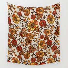 Retro 70s boho hippie orange flower power Wall Tapestry