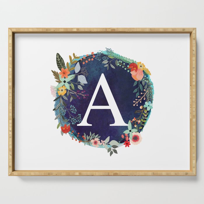 Personalized Monogram Initial Letter A Floral Wreath Artwork Serving Tray