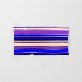 [ Thumbnail: Colorful Dark Orchid, Dark Blue, Beige, Blue & Tan Colored Striped Pattern Hand & Bath Towel ]