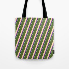 [ Thumbnail: Dark Olive Green, Tan, Dark Orchid, Dark Green, and White Colored Striped/Lined Pattern Tote Bag ]