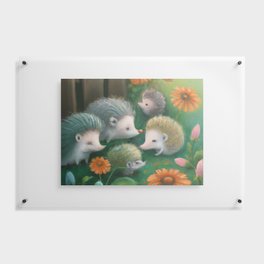 Whimsical Hedgehog Family Reunion in Country Garden Floating Acrylic Print