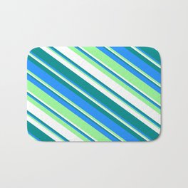 [ Thumbnail: Dark Cyan, Blue, Green & White Colored Striped Pattern Bath Mat ]