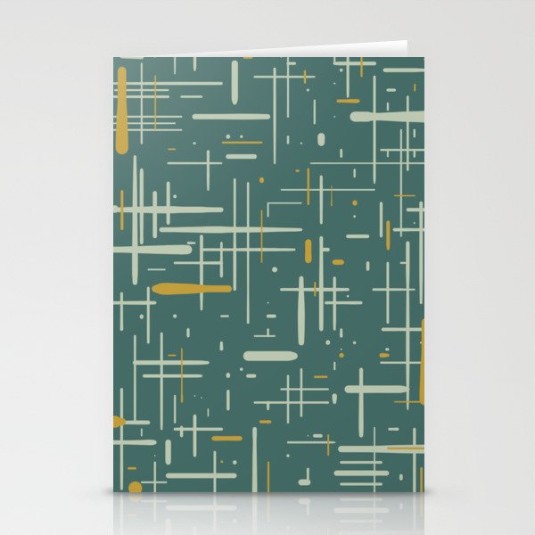 Mid-Century Modern Kinetikos Pattern in Deep Teal, Mustard Gold, and Celadon Stationery Cards