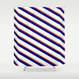 [ Thumbnail: Tan, Red, Blue & Mint Cream Colored Stripes/Lines Pattern Shower Curtain ]