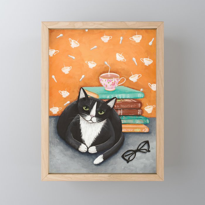 Tuxedo Cat Tea and Books Framed Mini Art Print