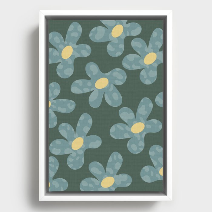 Cute Retro Daisy Floral Green Pattern Framed Canvas