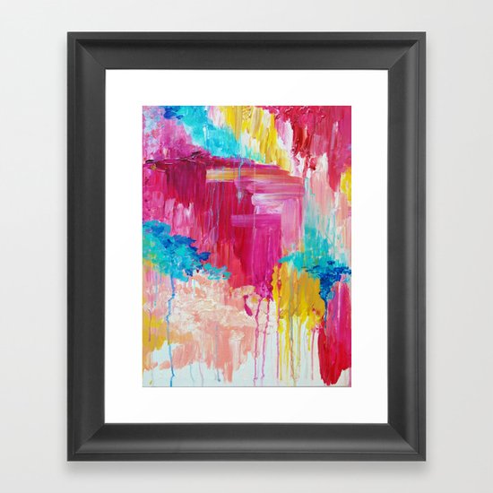 ELATED - Beautiful Bright Colorful Modern Abstract Painting Wild Rainbow Pastel Pink Color Framed Art Print