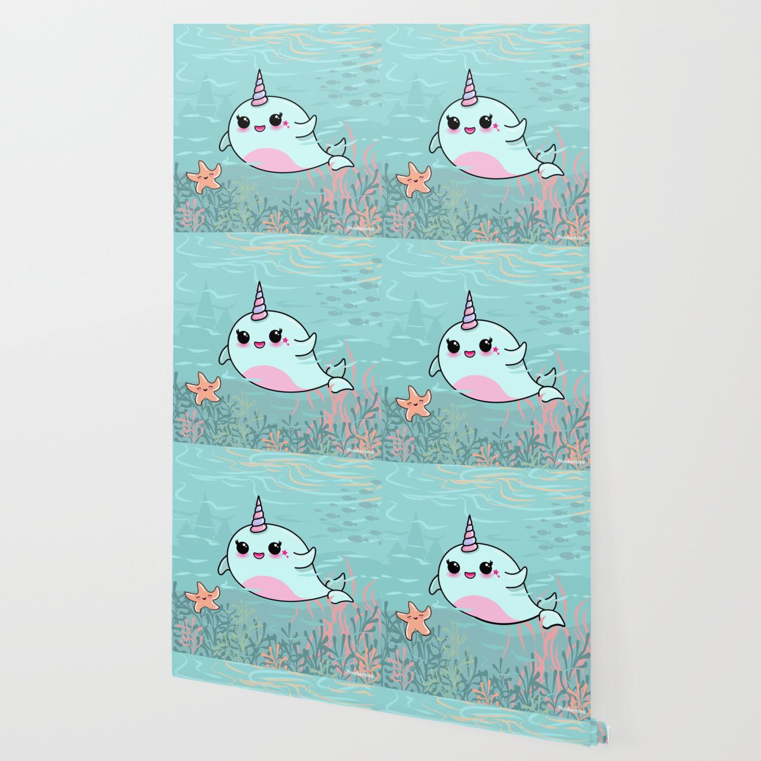 Cute Narwhal and Starfish Wallpaper by Pendientera | Society6