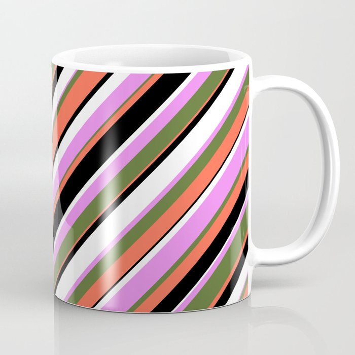 Eyecatching Violet, Dark Olive Green, Red, Black, and White Colored Striped Pattern Coffee Mug