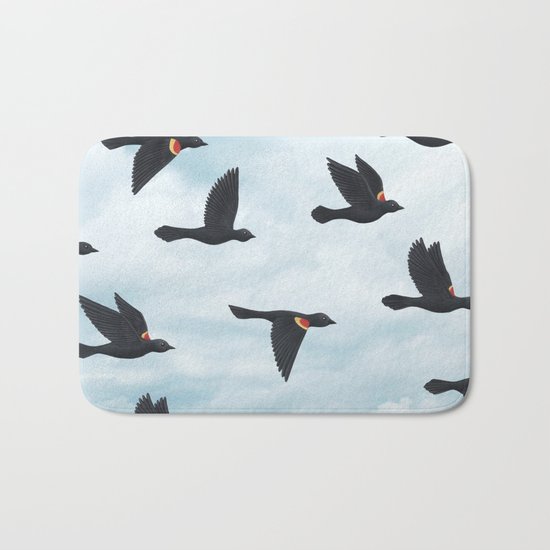 red-winged blackbirds and blue sky Bath Mat