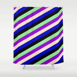 [ Thumbnail: Colorful Light Green, Dark Violet, Bisque, Blue & Black Colored Stripes Pattern Shower Curtain ]