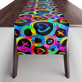 Funky neon rainbow gradient circles pattern with hearts and x shapes Table Runner