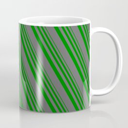 [ Thumbnail: Green & Dim Grey Colored Stripes/Lines Pattern Coffee Mug ]