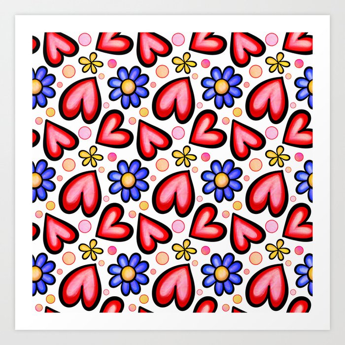 Doodle Heart & Flower Pattern 07 Art Print