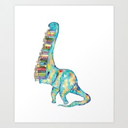 Gig dino brontosaurus reading book library Painting Art Print