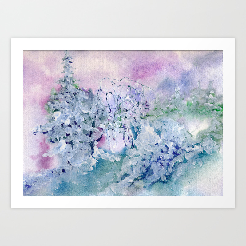 Winter Fantasy Snow Pine Trees Original Violet Purple Green Pink Blue White Wall Decor Art Print By Olga367art Society6