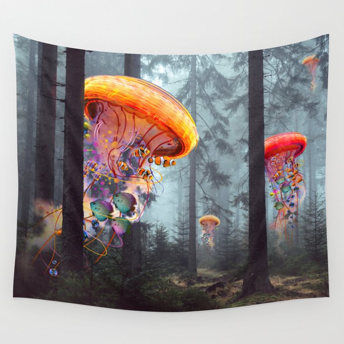 Electric Jellyfish Worlds in a Forest Wall Tapestry