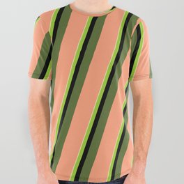 [ Thumbnail: Colorful Pale Goldenrod, Green, Black, Dark Olive Green & Light Salmon Colored Lined/Striped Pattern All Over Graphic Tee ]