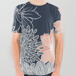 Festive, Floral Prints and Line Art, Navy Blue, Coral and Gray All Over Graphic Tee