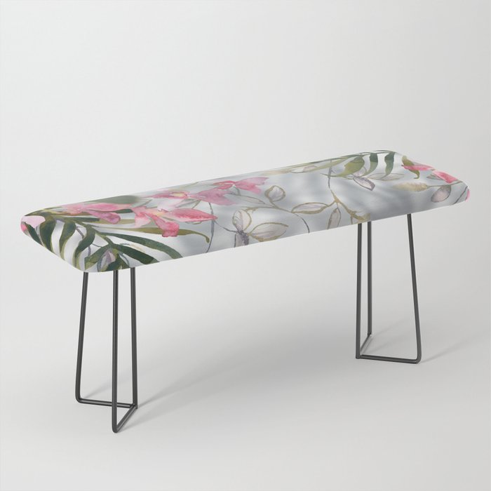 Watercolor forest green pink gold tropical orchid floral Bench