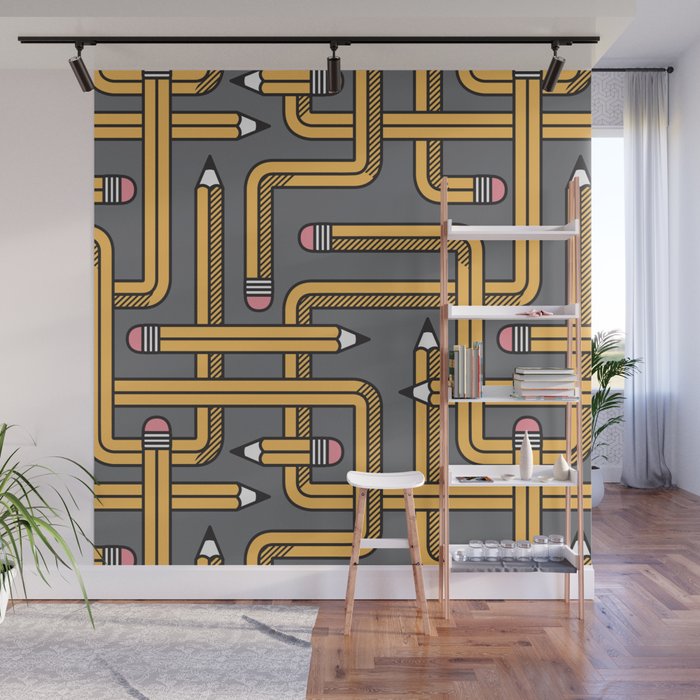 Pencil Maze Pattern pastel grey yellow Wall Mural