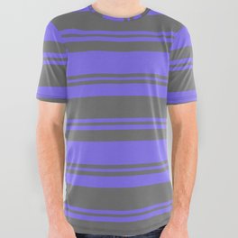 [ Thumbnail: Medium Slate Blue and Dim Gray Colored Pattern of Stripes All Over Graphic Tee ]