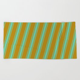 [ Thumbnail: Dark Goldenrod & Aquamarine Colored Striped/Lined Pattern Beach Towel ]